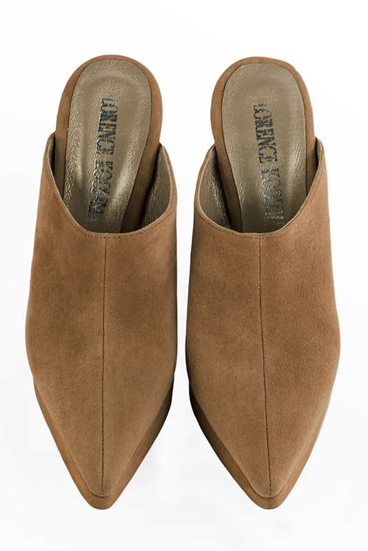 Camel beige women's clog mules. Tapered toe. Very high slim heel with a platform at the front. Top view - Florence KOOIJMAN